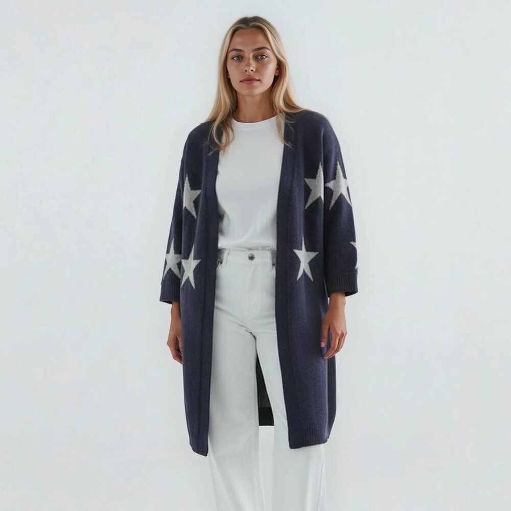She + Sky Long Oversized Chunky Knit Star Print Cardigan in Navy and White